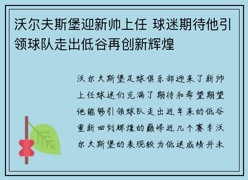 沃尔夫斯堡迎新帅上任 球迷期待他引领球队走出低谷再创新辉煌