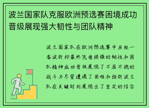 波兰国家队克服欧洲预选赛困境成功晋级展现强大韧性与团队精神
